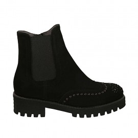 Stivaletto da donna con cerniera, plantare estraibile, elastico e borchie in camoscio nero tacco 4 - Misure disponibili: 32, 33, 43, 44