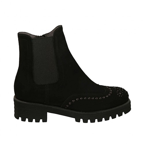 Bottines pour femmes avec fermeture éclair, semelle amovible, elastique et goujons en daim noir talon 4 - Pointures disponibles:  32, 33, 43, 44