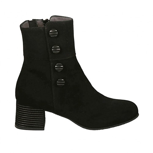 Bottines pour femmes avec boutons et fermeture éclair en daim et daim imprimé noir talon 4 - Pointures disponibles:  32