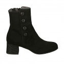 Woman's ankle boot with buttons and zipper in black suede and printed suede heel 4
