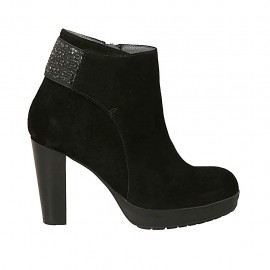 Bottine pour femmes avec fermeture éclair, plateforme, elastique et strass en daim noir talon 9 - Pointures disponibles:  34, 42, 43, 44