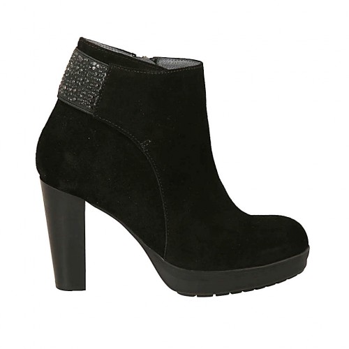 Bottine pour femmes avec fermeture éclair, plateforme, elastique et strass en daim noir talon 9 - Pointures disponibles:  34, 42, 43, 44