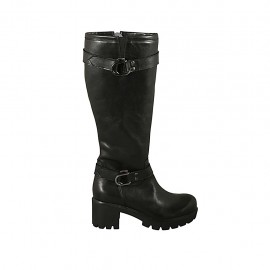 Stivale da donna con cerniera, elastico e fibbie in pelle nera tacco 6 - Misure disponibili: 32