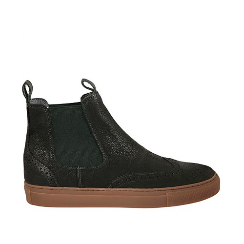 Bottines pour hommes en cuir noir avec élastiques verts et bout Brogue - Pointures disponibles:  37, 38, 47, 50