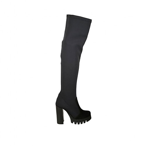 Bottes au-dessus de genou pour femmes en tissu elastique et daim noir talon 10 - Pointures disponibles:  31, 34, 42
