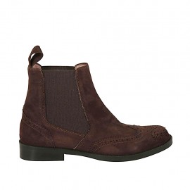 Stivaletto con elastici da donna in camoscio marrone con lavorazione Brogue tacco 2 - Misure disponibili: 33