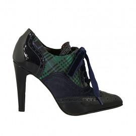 Zapato a punta al tobillo con cordones en terciopelo para mujer en gamuza y charol azul y tejido escocéso azul verde tacon 9 - Tallas disponibles:  32, 33, 42, 43