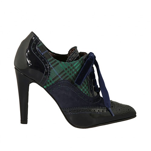 Scarpa accollata a punta da donna con lacci in velluto in camoscio e vernice blu e tessuto con motivo scozzese blu verde tacco 9 - Misure disponibili: 32, 33, 42, 43