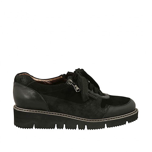 Zapato con cordones y cremalleras para mujer en piel y gamuza negra cuña 3 - Tallas disponibles:  34, 43, 44, 45