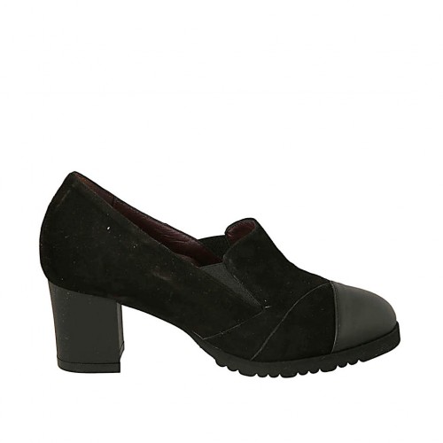 Zapato cerrado para mujer con elasticos y plantilla extraible en gamuza y piel negra tacon 5 - Tallas disponibles:  31, 33, 44