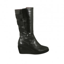 Demi-bottes pour femmes avec fermeture éclair, elastiques et semelle amovible en cuir noir talon compensé 5 - Pointures disponibles:  42, 43
