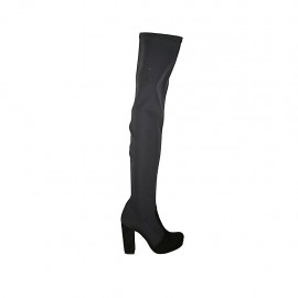 Woman's over-the-knee boot with half zipper and platform in black elastic fabric and suede heel 9 - Available sizes:  31, 32, 33