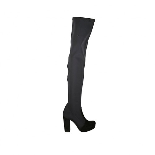 Bota sobre la rodilla para mujer con media cremallera y plataforma en tejido elastico y gamuza negra tacon 9 - Tallas disponibles:  31, 32, 33