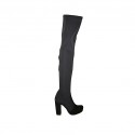 Bota sobre la rodilla para mujer con media cremallera y plataforma en tejido elastico y gamuza negra tacon 9