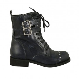 Bottines pour femmes avec lacets, goujons, boucles et fermeture éclair en cuir bleu à effet marbre talon 3 - Pointures disponibles:  32, 33, 34