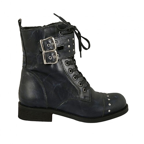 Bottines pour femmes avec lacets, goujons, boucles et fermeture éclair en cuir bleu à effet marbre talon 3 - Pointures disponibles:  32, 33, 34