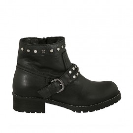 Bottines pour femmes avec fermeture éclair, goujons et boucle en cuir noir talon 3 - Pointures disponibles:  33