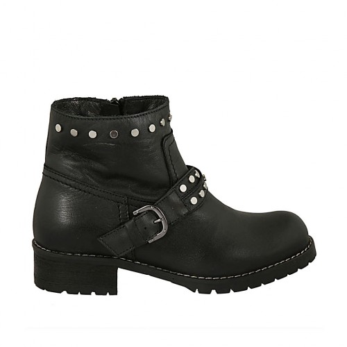 Botines para mujer con cremallera, tachuelas y hebilla en piel negra tacon 3 - Tallas disponibles:  33