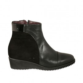 Stivaletto da donna con plantare estraibile e cerniera in pelle, camoscio e vernice nera zeppa 4 - Misure disponibili: 33, 42, 43