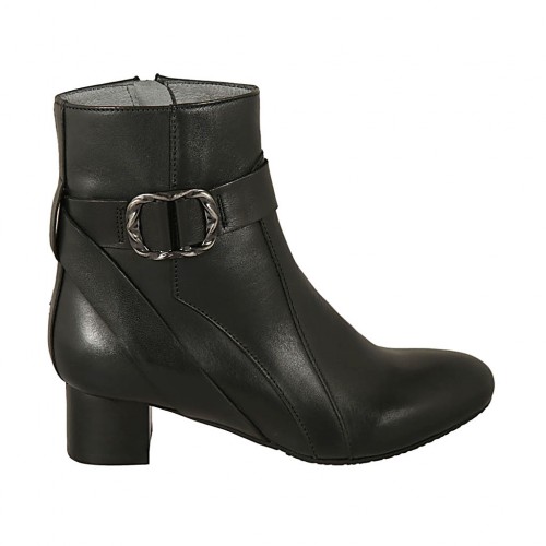 Bottines pour femmes avec boucle et fermeture éclair en cuir noir talon 4 - Pointures disponibles:  32, 33, 34, 42, 45