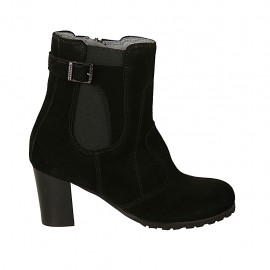 Stivaletto da donna con elastico, cerniera e fibbia in camoscio nero tacco 6 - Misure disponibili: 32, 33, 34, 42, 43, 44, 45