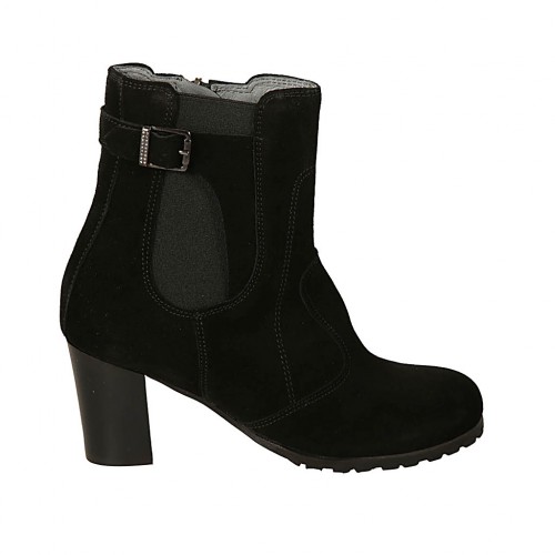 Stivaletto da donna con elastico, cerniera e fibbia in camoscio nero tacco 6 - Misure disponibili: 32, 33, 34, 42, 43, 44, 45
