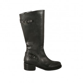 Damenstiefel mit Reißverschluss und Schnallen aus schwarzem Leder Absatz 4 - Verfügbare Größen:  43, 44