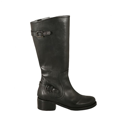 Damenstiefel mit Reißverschluss und Schnallen aus schwarzem Leder Absatz 4 - Verfügbare Größen:  43, 44