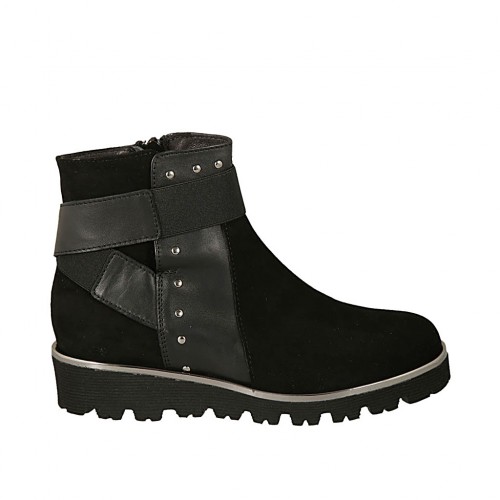 Botines pour femmes avec fermeture éclair, elastique et goujons en daim et cuir noir talon compensé 3 - Pointures disponibles:  33, 34, 44