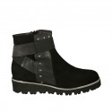 Botines pour femmes avec fermeture éclair, elastique et goujons en daim et cuir noir talon compensé 3