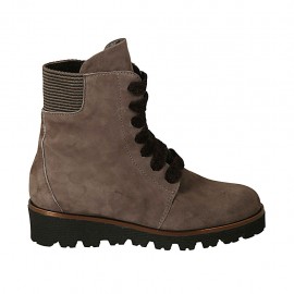 Bottines pour femmes avec lacets, elastiques et fermeture éclair en daim taupe talon compensé 3 - Pointures disponibles:  33, 34, 43