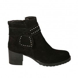 Botines para mujer con cremallera y banda con tachuelas en gamuza negra tacon 5 - Tallas disponibles:  43