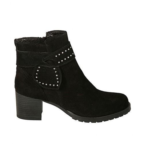 Bottines pour femmes avec fermeture éclair et bande avec goujons en daim noir talon 5 - Pointures disponibles:  43