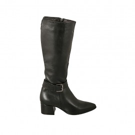 Spitzer Damenstiefel mit Schnalle und Reissverschluss aus schwarzem Leder Absatz 4 - Verfügbare Größen:  42, 43