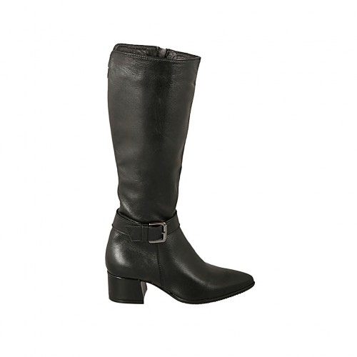 Spitzer Damenstiefel mit Schnalle und Reissverschluss aus schwarzem Leder Absatz 4 - Verfügbare Größen:  42, 43