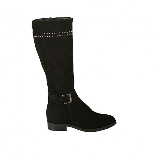 Damenstiefel mit Reißverschluss, Schnalle und Nieten aus schwarzem Wildleder Absatz 2 - Verfügbare Größen:  34, 43
