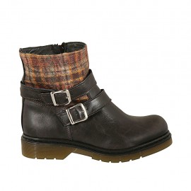 Bottine pour femmes avec fermeture éclair et boucles en cuir marron et tissu écossais talon 3 - Pointures disponibles:  32, 33, 34, 42, 43, 44, 45