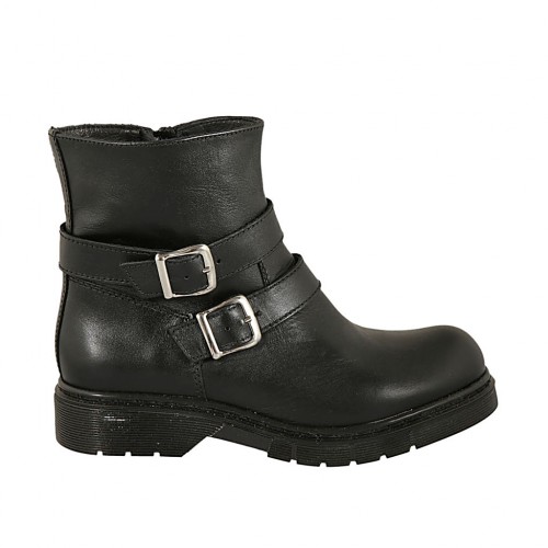 Bottines pour femmes avec fermeture éclair et deux boucles en cuir noir talon 3 - Pointures disponibles:  33