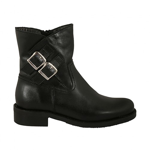 Bottines pour femmes avec fermeture éclair et boucles en cuir lisse noir avec talon 3 - Pointures disponibles:  32