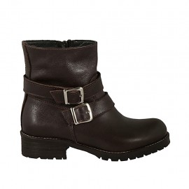 Stivaletto da donna con cerniera e fibbie in pelle marrone tacco 3 - Misure disponibili: 32, 33, 34, 44