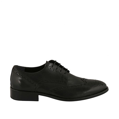 Chaussure élégant derby à lacets pour hommes en cuir noir avec decoration Brogue - Pointures disponibles:  36, 37, 38, 46, 47, 48, 49, 50