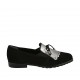 Mocasino para mujer con flecos, cordones y elasticos en gamuza negra y piel cepillada plateada tacon 2 - Tallas disponibles:  32, 33, 34