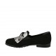 Mocasino para mujer con flecos, cordones y elasticos en gamuza negra y piel cepillada plateada tacon 2 - Tallas disponibles:  32, 33, 34