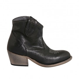 Stivaletto texano da donna con cerniera e punta ricamata in pelle nera tacco 5 - Misure disponibili: 32, 33, 43, 44, 45, 46