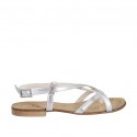 Woman's flip-flop sandal with crossed straps in silver laminated leather heel 1