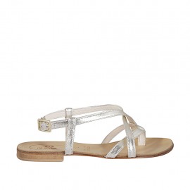 Sandalo infradito da donna con listini incrociati in pelle laminata platino tacco 1 - Misure disponibili: 47