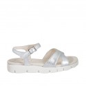 Woman's sandal with strap in silver laminated leather wedge heel 2