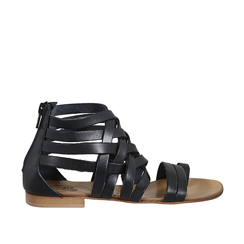 Zapato abierto de dedo para mujer con cremallera en piel negra tacon 1 - Tallas disponibles:  33, 46