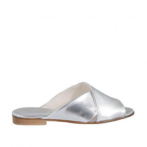 Woman's open mules in silver laminated leather heel 1 - Available sizes:  33, 34, 42, 43, 44, 45, 47