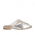 Woman's open mules in platinum laminated leather heel 1